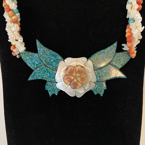 Vintage Tropical Floral Statement Necklace 24” Mother of Pearl Tiki Retro - Picture 5 of 8